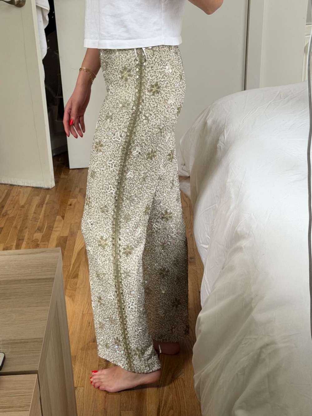 Escada Embellished Champagne Pants 100% silk